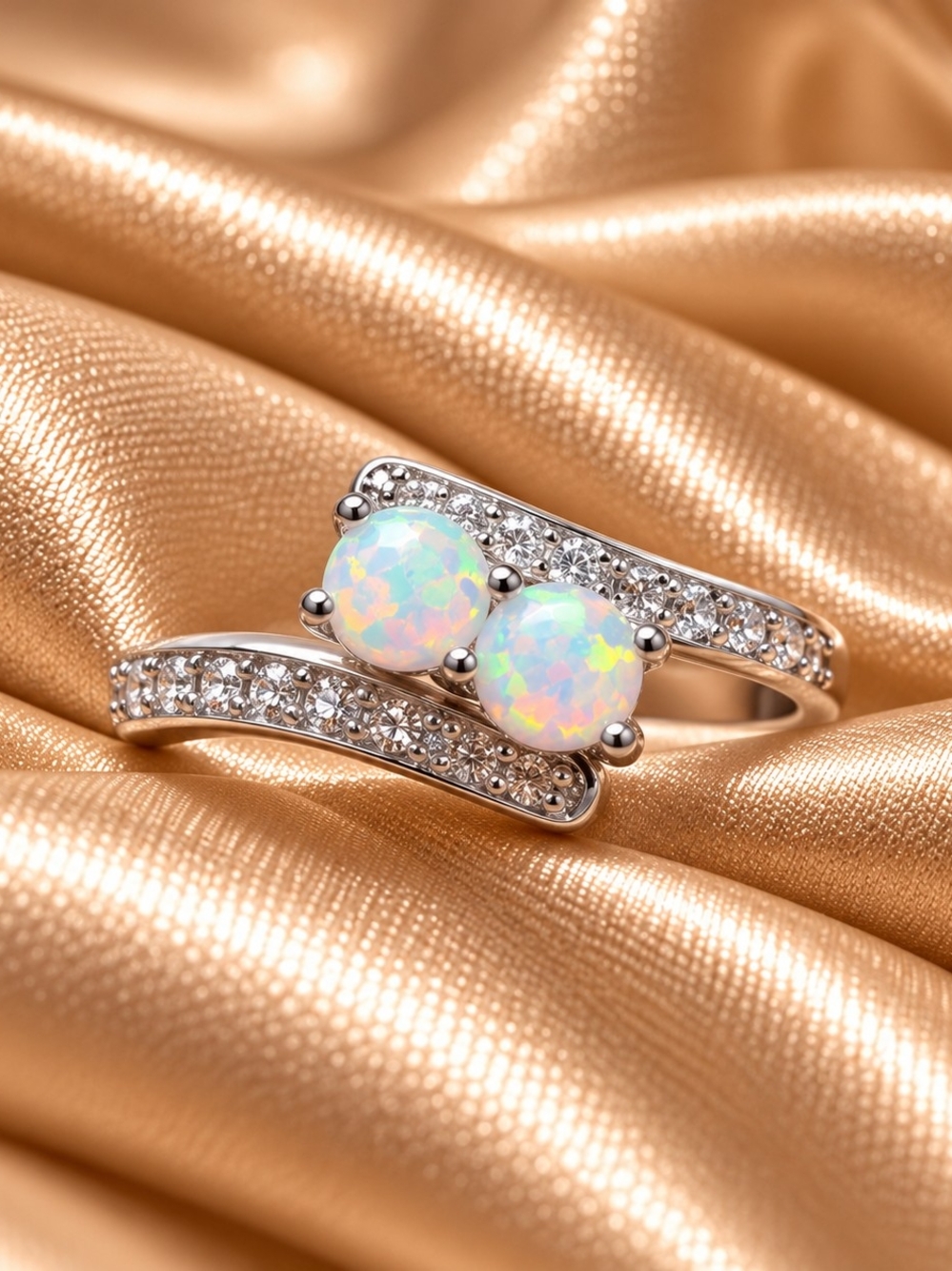 925 Sterling Silver Elegant Opal Double-Stud Ring with Pavé Accents